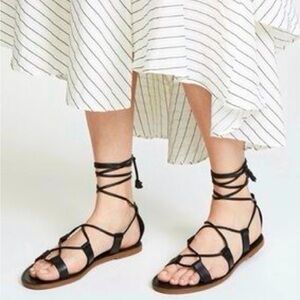 Madewell Boardwalk Black Leather Lace-Up Strappy Sandals Boho S# H6742 Size 9.5